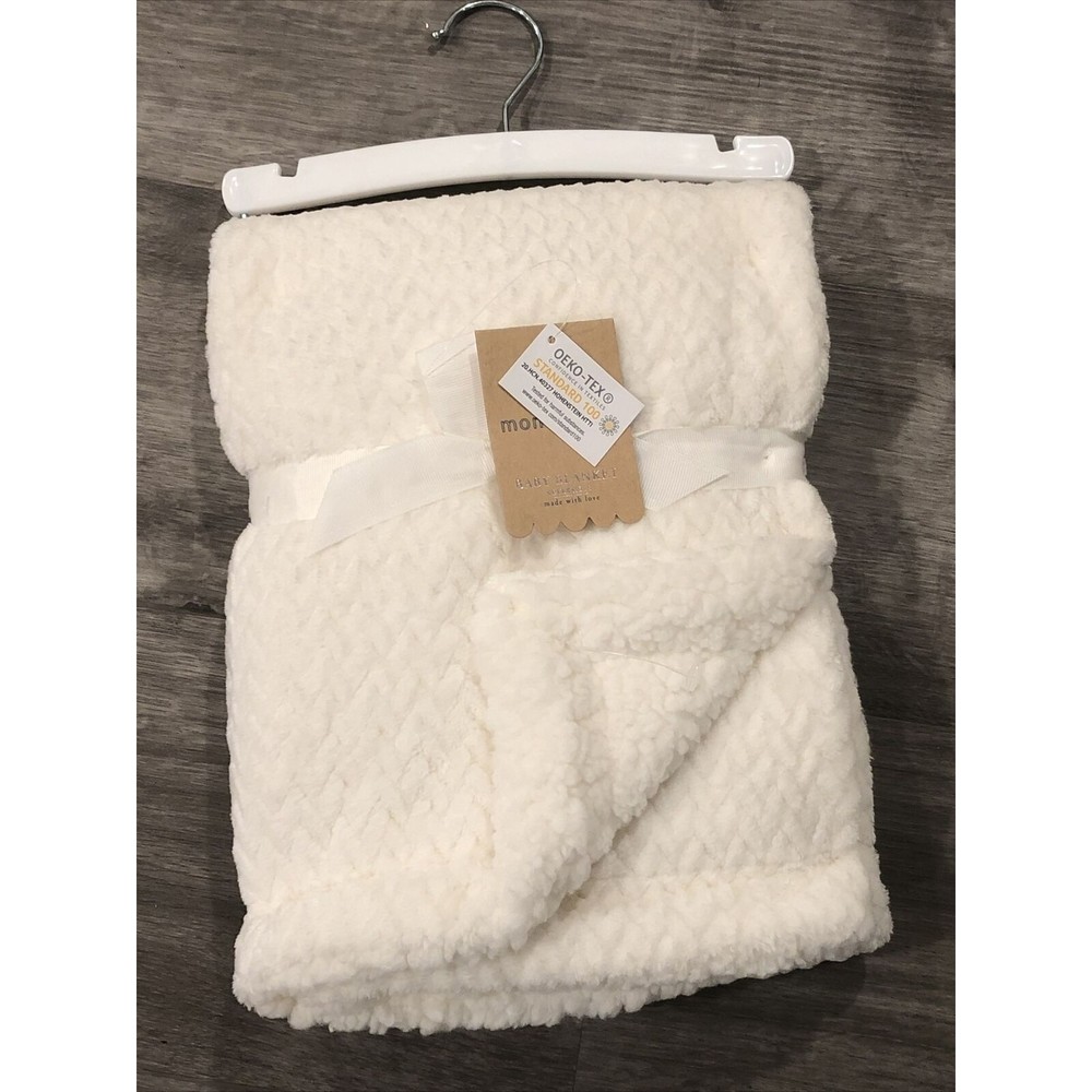 Mon Lapin Baby Blanket Ivory Minky Leaf Pattern Reversible -Sherpa Very Soft New